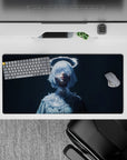 Midnight blue, frosty neon vibe anime girl mouse pad 32x16 inches with cool glow and dreamy calm.