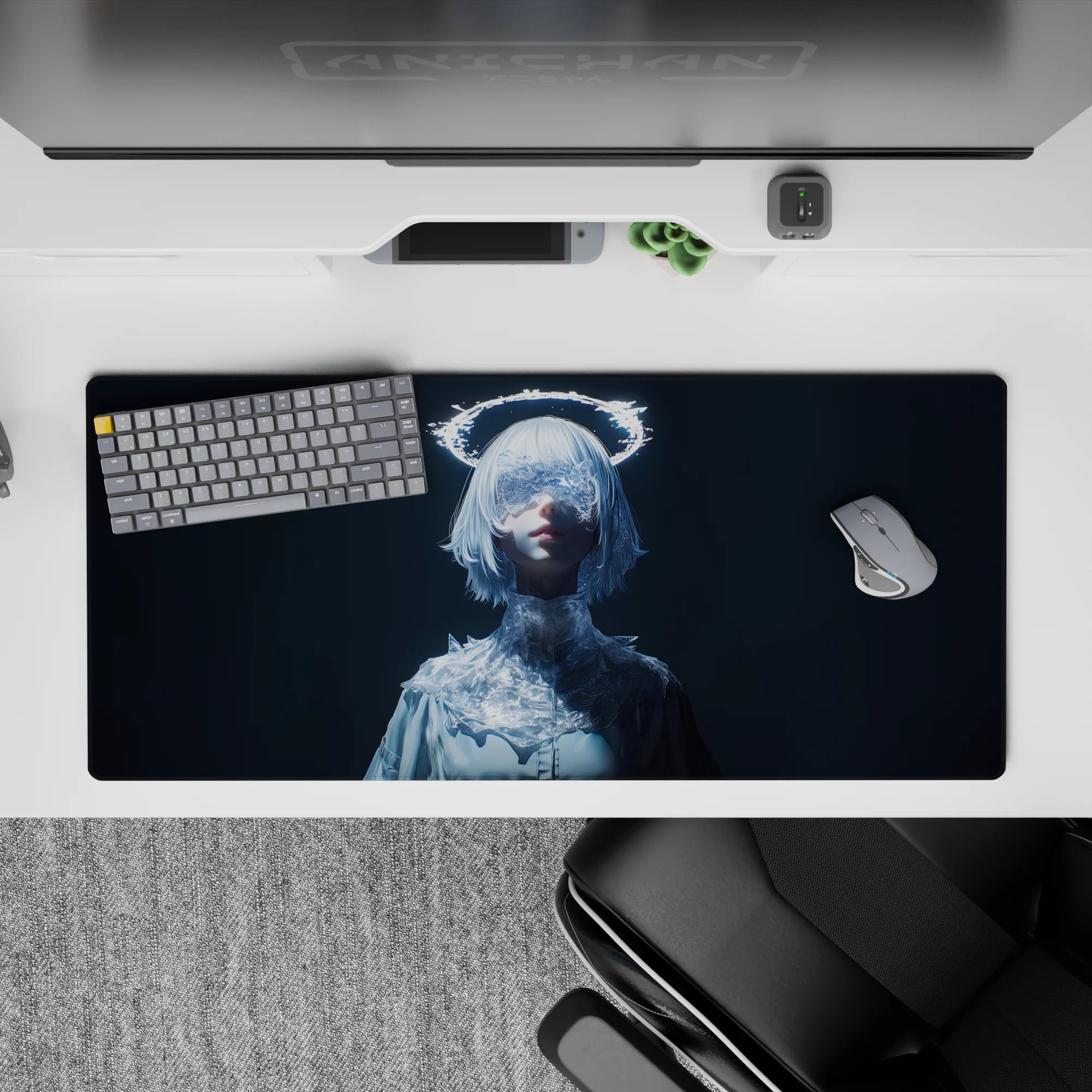 Midnight blue anime desk pad 36x16 inches in icy white tones, neon frost halo, dreamy vibe.