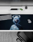 Midnight blue anime desk pad 36x16 inches in icy white tones, neon frost halo, dreamy vibe.