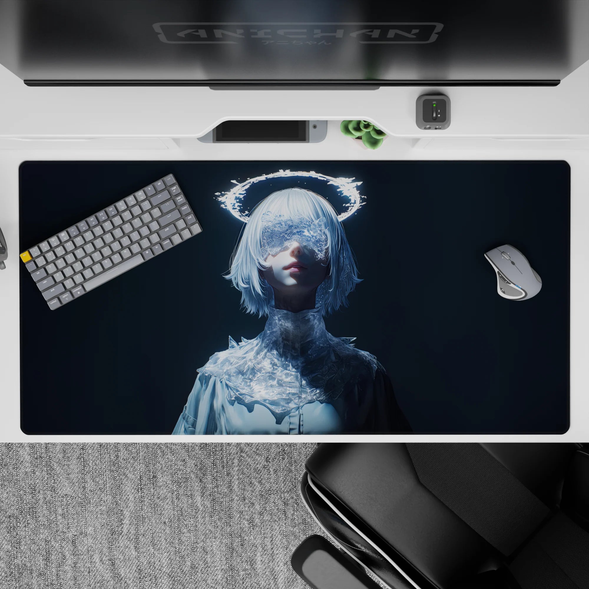 Midnight blue anime desk pad 40x20 inches in cool neon frost tones, calm magical cyber vibe.