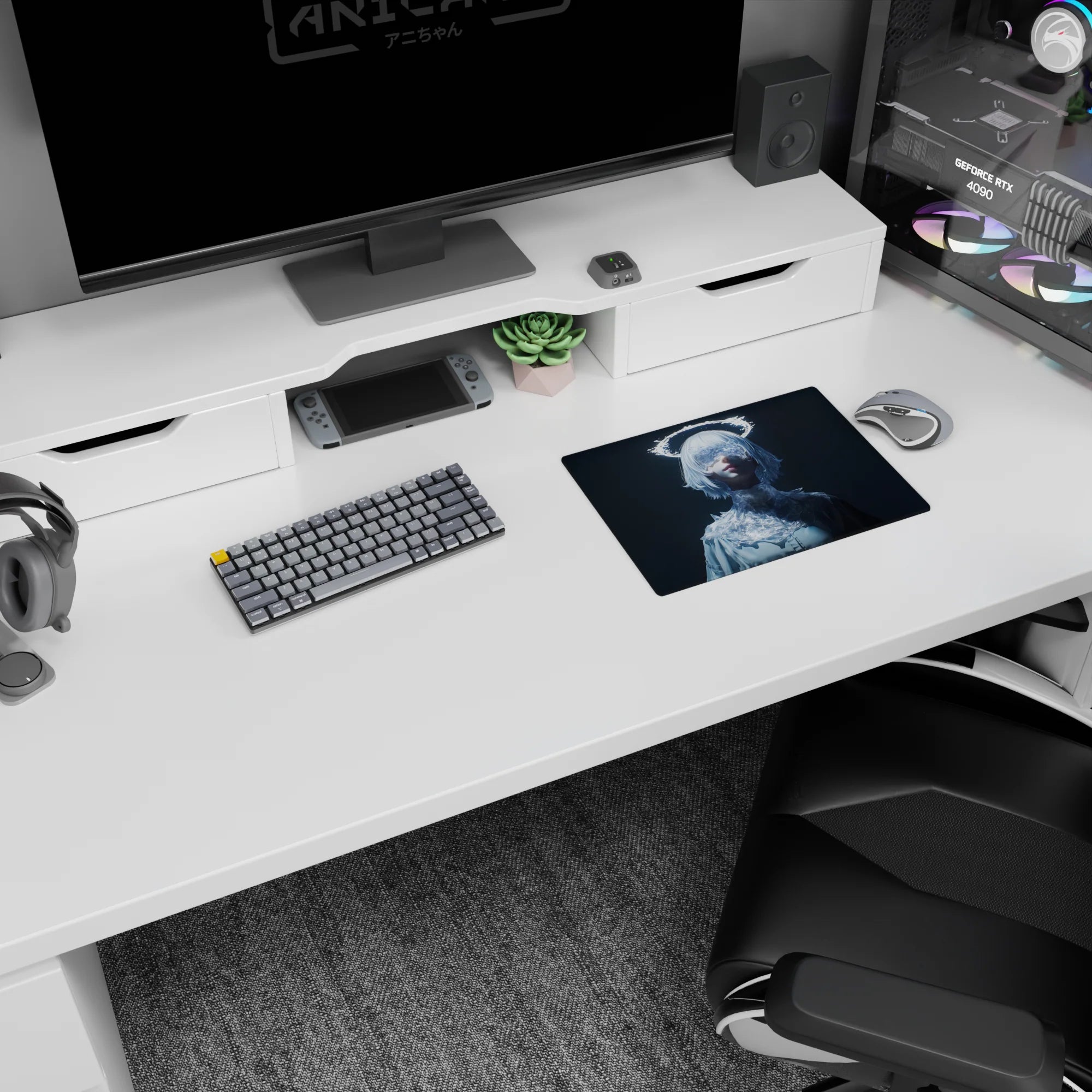 Masked anime girl with silver hair and halo at desk, glassy outfit on 14x10 inches mouse pad.