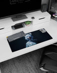 Confident silver-haired anime girl at desk mouse pad 28x12 inches, crystal mask eyes and halo ring.