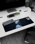 32x12 inches anime mouse pad featuring a confident girl in a crystal eye mask, silver hair, and halo glow.