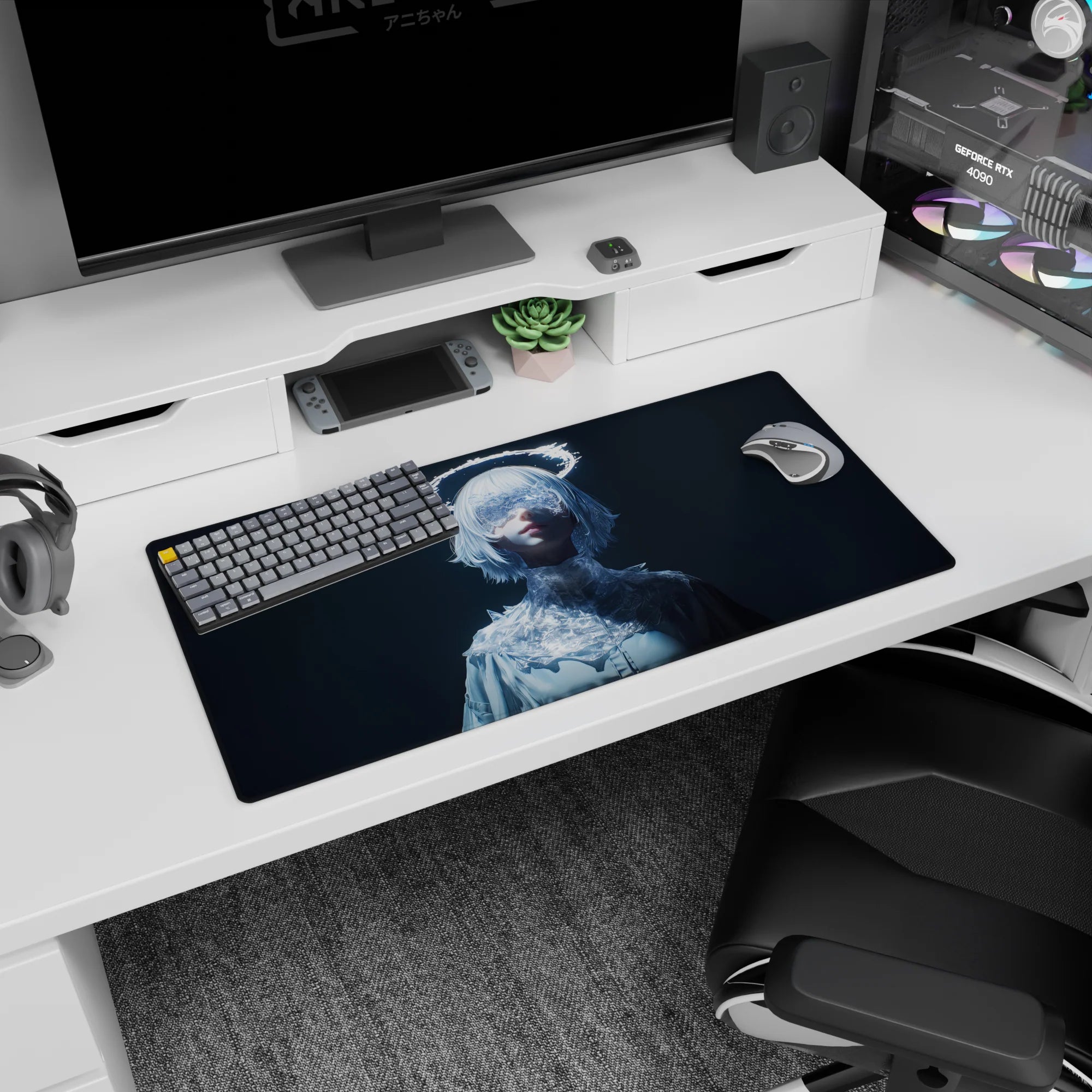 Masked anime girl with silver bob and glowing halo ring on desk mat mouse pad 32x16 inches.