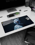 Masked anime girl with silver bob and glowing halo ring on desk mat mouse pad 32x16 inches.