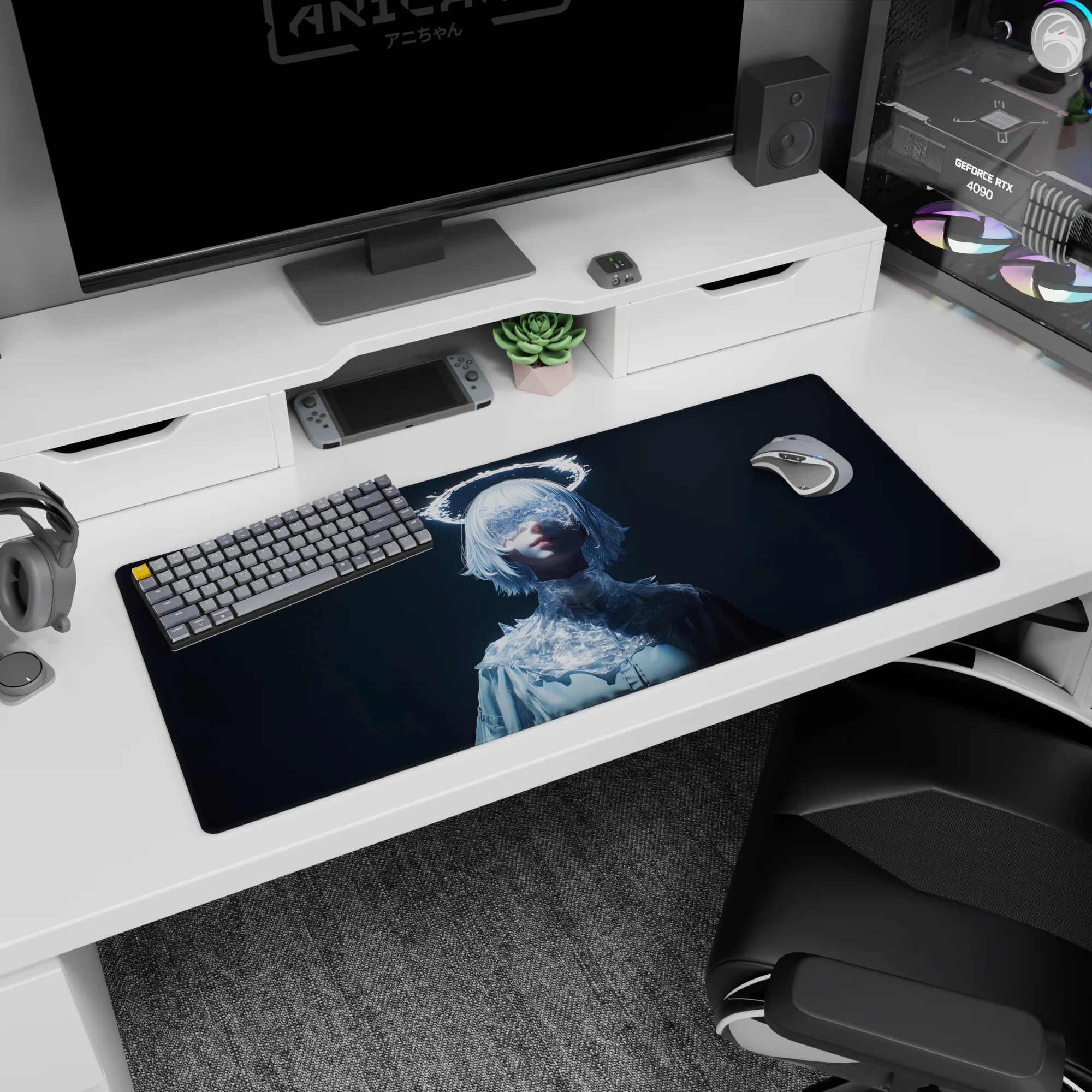 36x16 inches anime girl mouse pad showing masked girl in high-neck icy outfit with glassy shine.