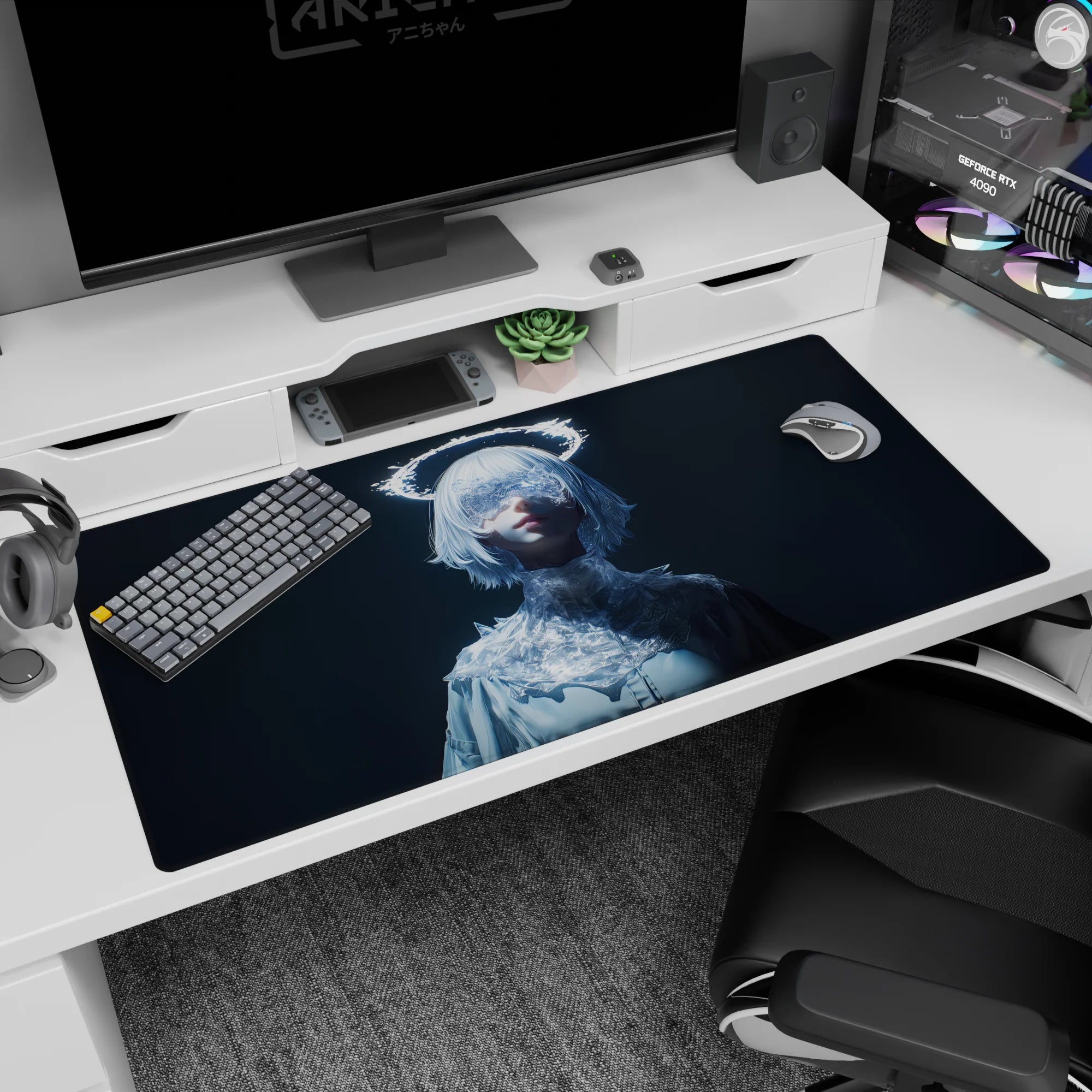 Otherworldly anime girl desk pad 40x20 inches, masked eyes sparkling, halo ring glowing over still pose.
