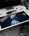 Otherworldly anime girl desk pad 40x20 inches, masked eyes sparkling, halo ring glowing over still pose.