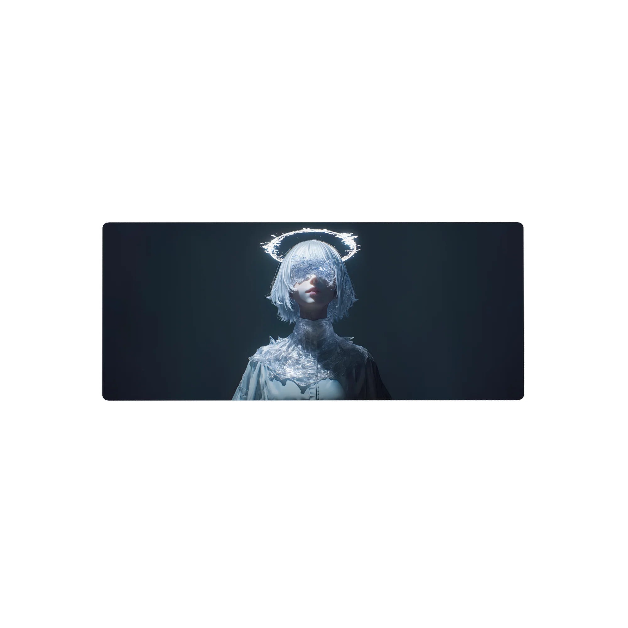 Anime girl mouse pad 28x12 inches with silver bob, crystal lace mask, neon halo, icy high-neck outfit.