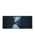 Anime girl mouse pad 28x12 inches with silver bob, crystal lace mask, neon halo, icy high-neck outfit.