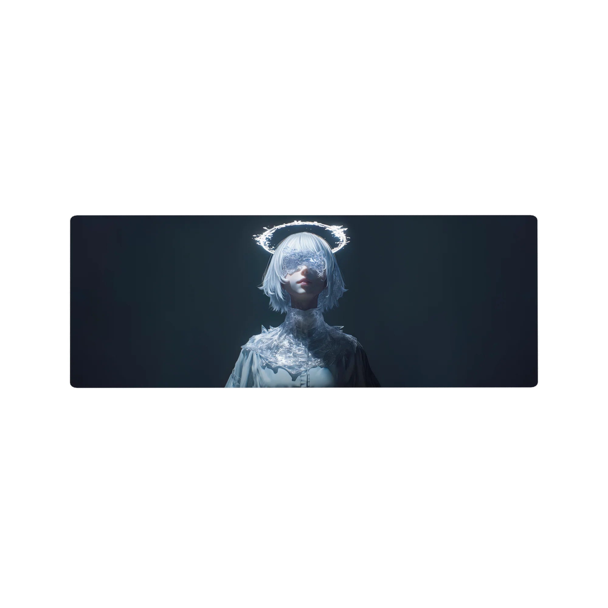 32x12 inches anime girl mouse pad with silver bob, crystal lace mask, and neon halo on icy outfit.