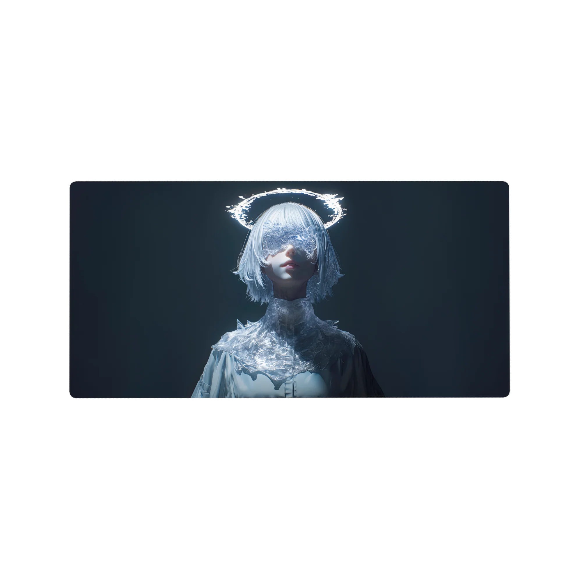 Anime girl mouse pad 32x16 inches with silver bob, crystal lace mask, neon halo, and icy white outfit.