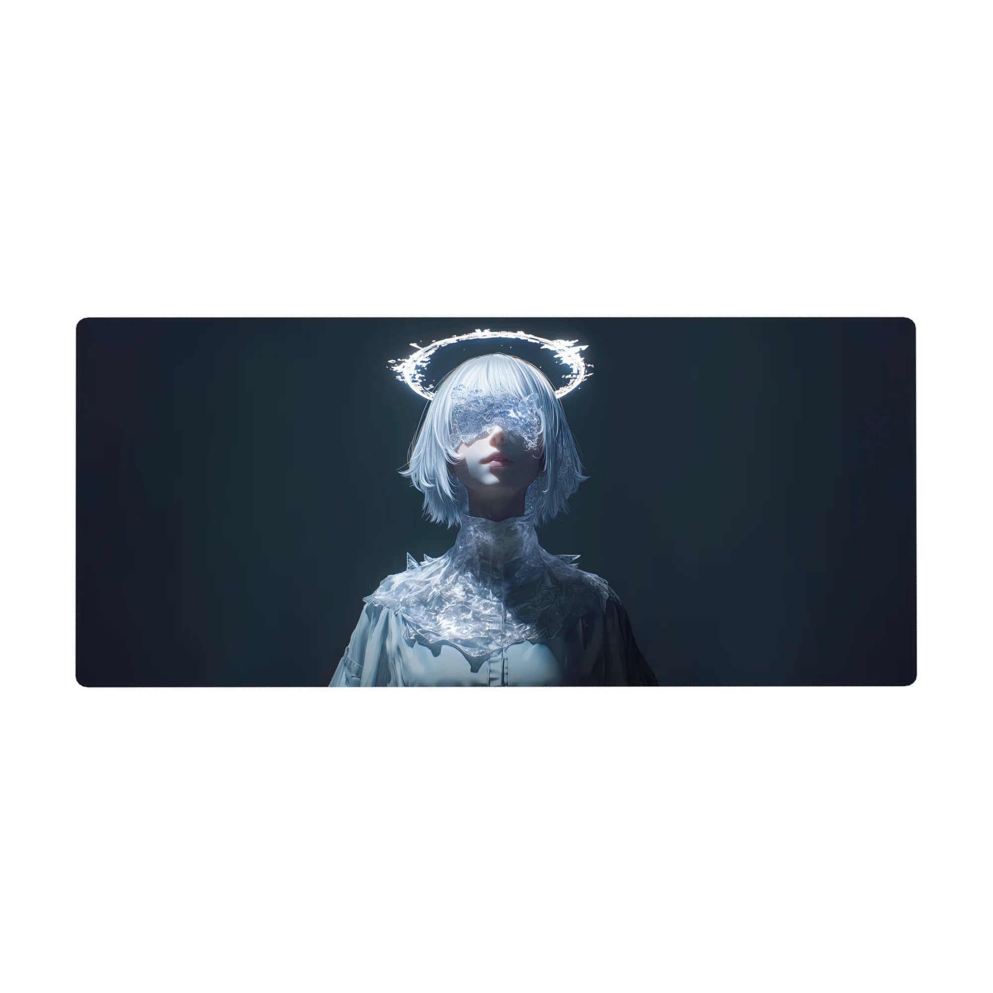 Anime girl desk pad 36x16 inches with silver bob, crystal lace mask, and glowing halo ring.
