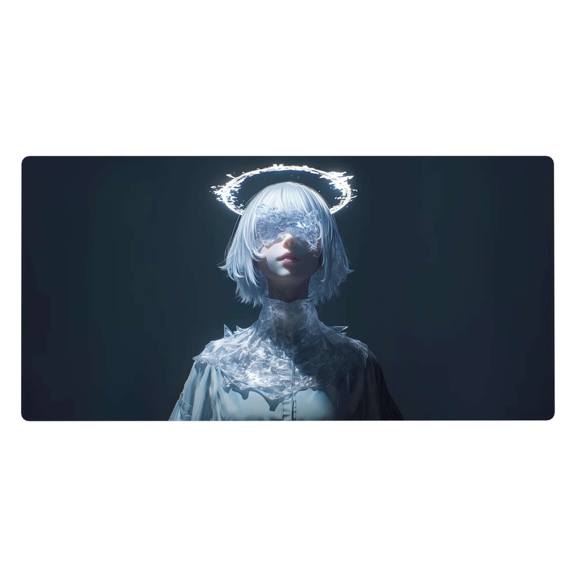 Anime girl desk pad 40x20 inches with silver bob, crystal lace mask, neon halo, icy white outfit.