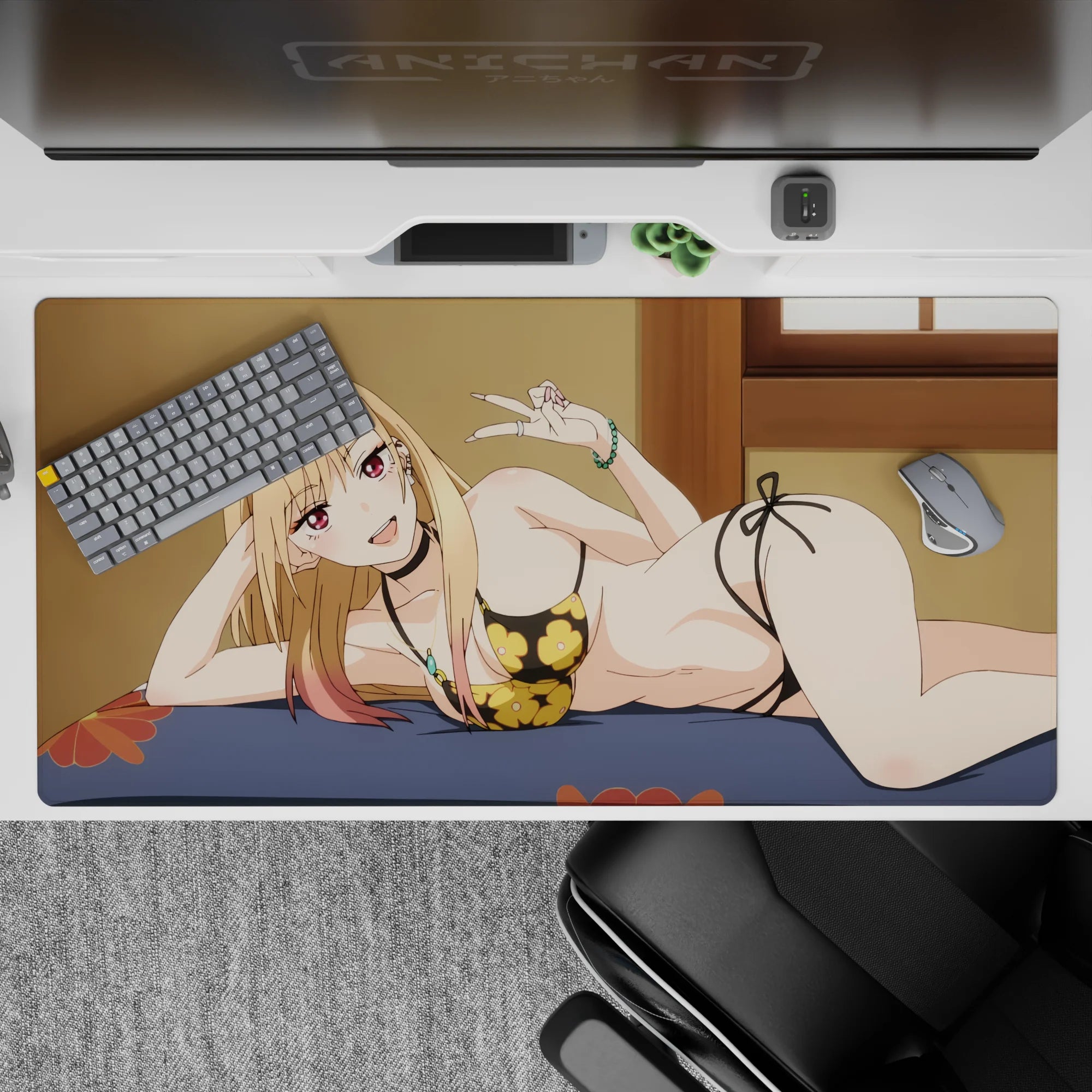 Cozy warm-toned anime desk pad 40x20 inches, glossy pink eyes, navy bedspread, red accents.
