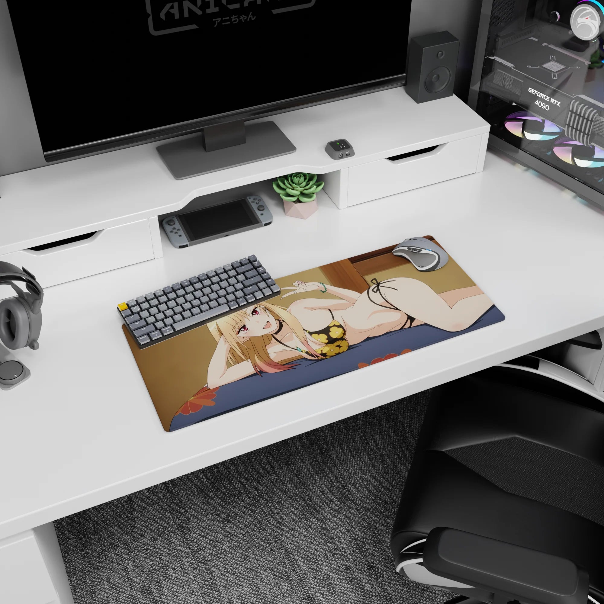 28x12 inches anime mouse pad showing a blond girl lounging on a bed, peace sign, choker and bracelet.