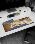 Cheeky anime girl lounging on bed mouse pad 32x12 inches, choker and green bracelet, peace sign.