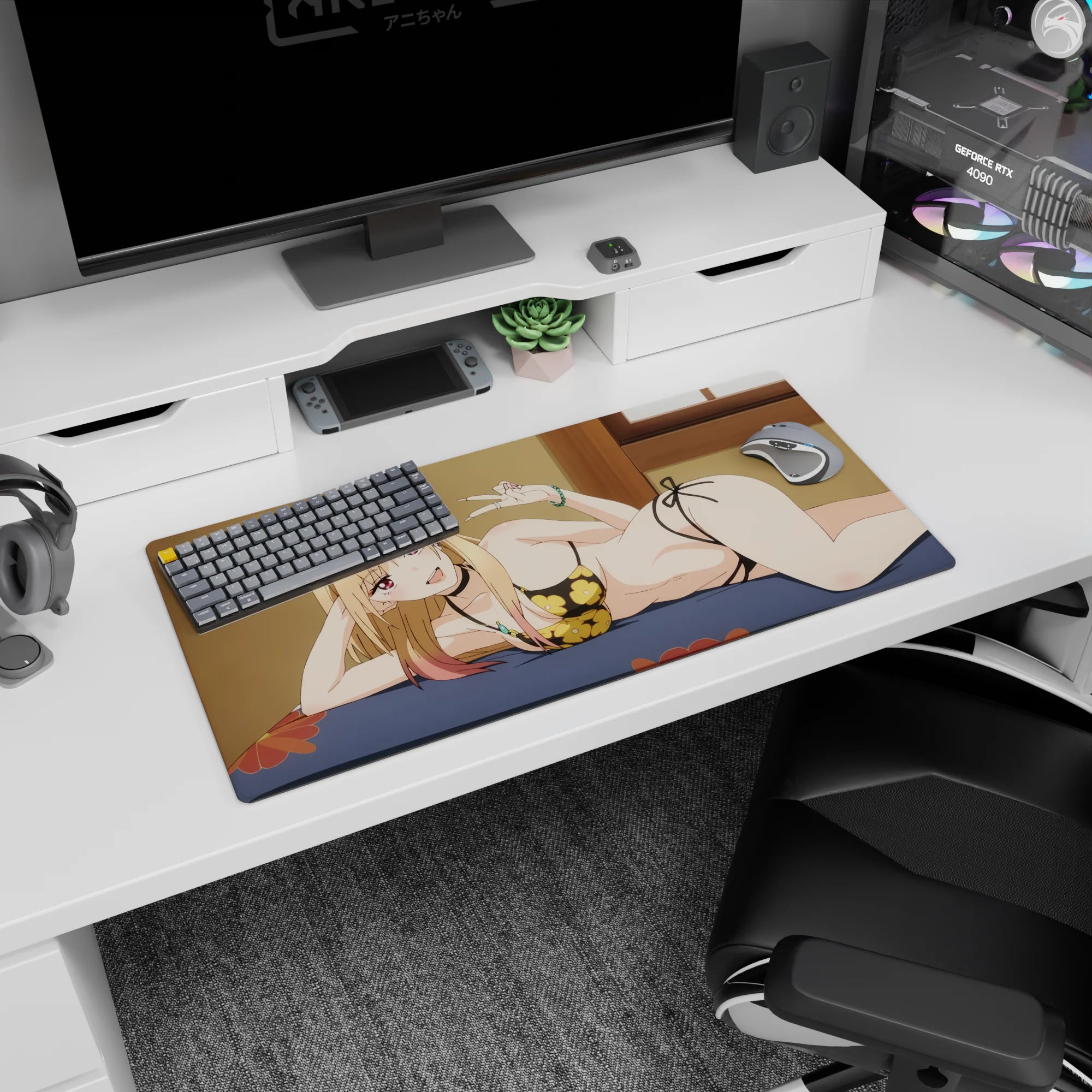 32x16 inches mouse pad showing a flirty anime girl lounging on a bed, glossy pink eyes and cheeky peace sign.