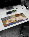 32x16 inches mouse pad showing a flirty anime girl lounging on a bed, glossy pink eyes and cheeky peace sign.