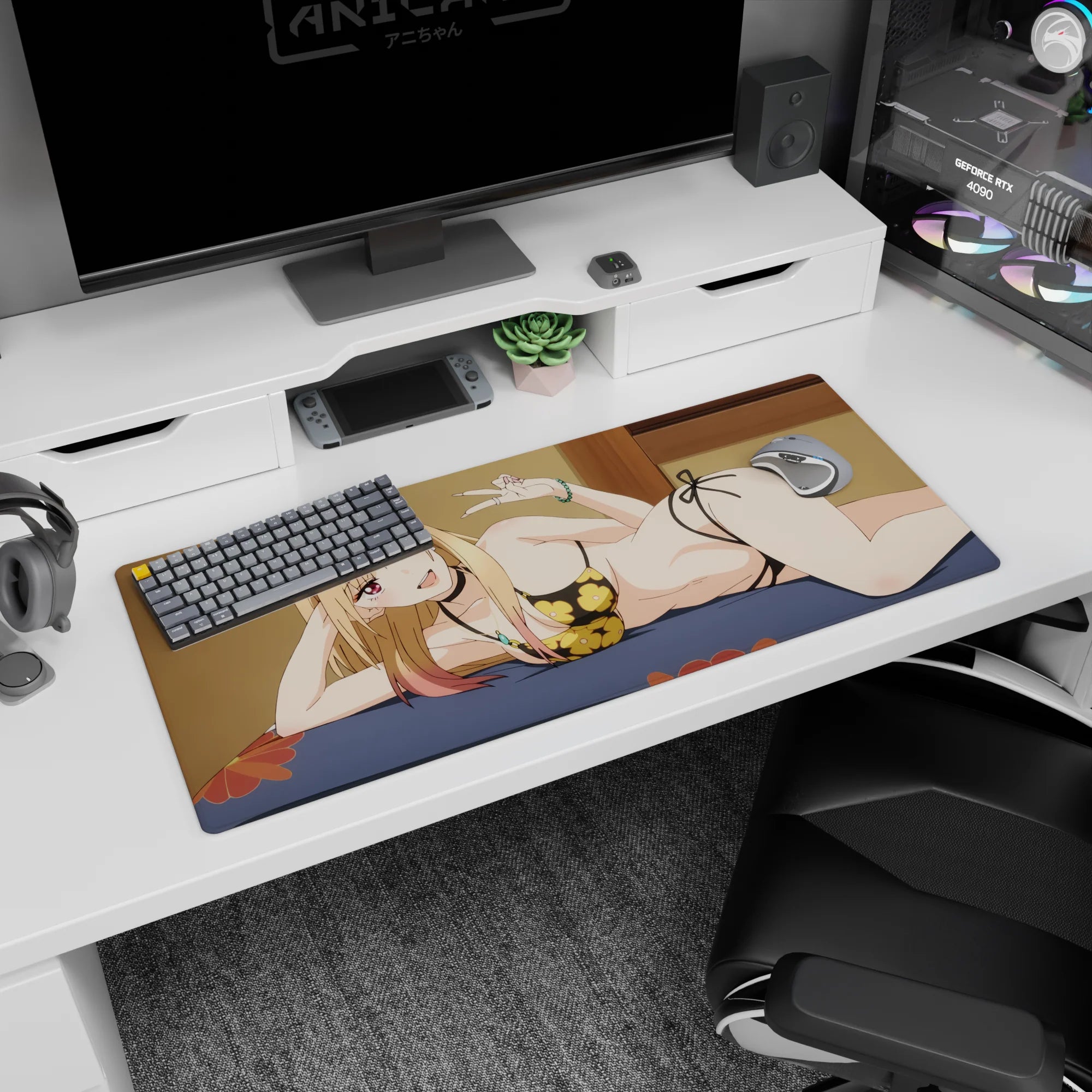 Cheeky blond anime girl on bed desk pad 36x16 inches, peace sign, green bracelet, floral bikini.
