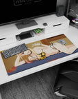 Cheeky blond anime girl on bed desk pad 36x16 inches, peace sign, green bracelet, floral bikini.