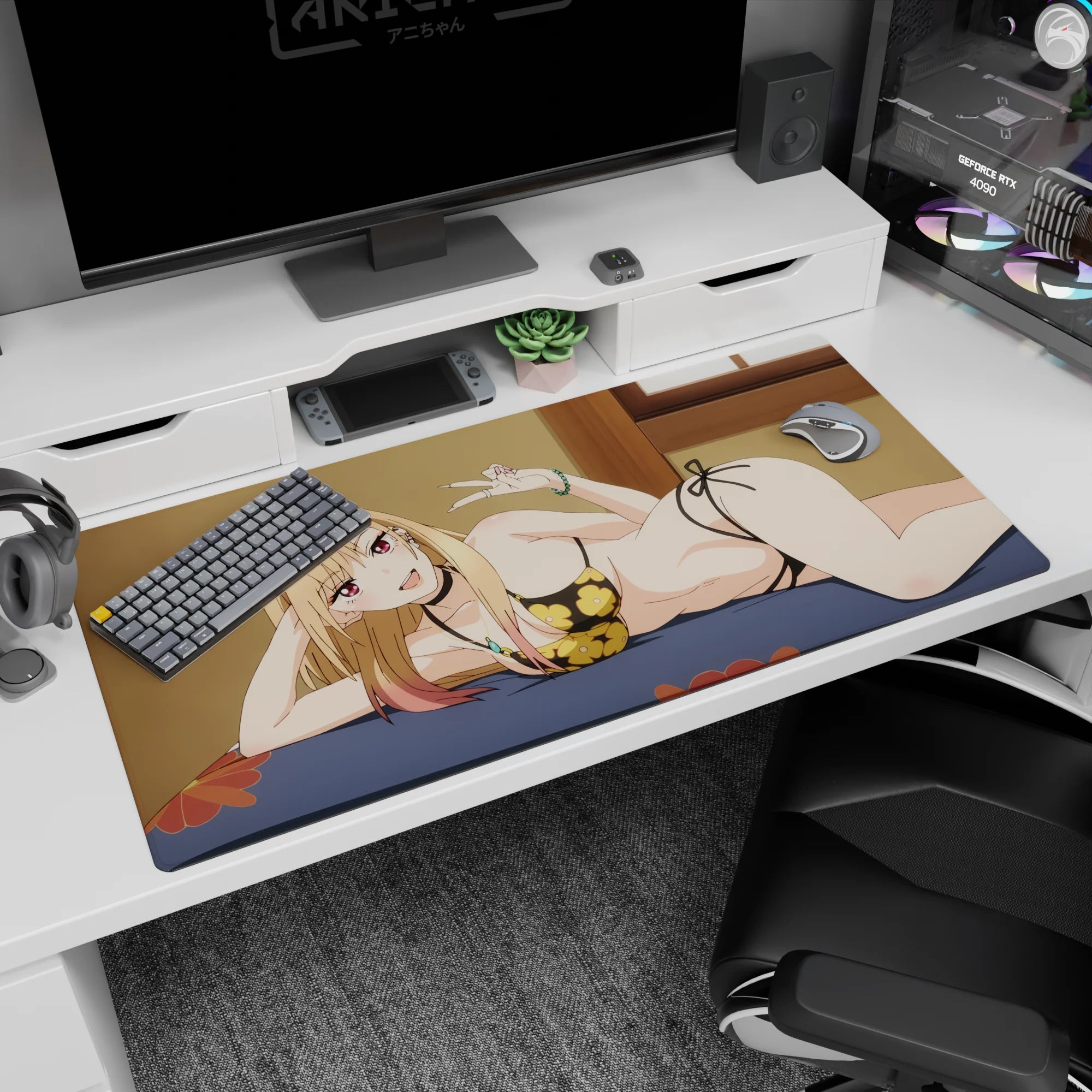 Flirty blonde anime girl lounging on bed, peace sign, gold-flower bikini desk pad 40x20 inches.