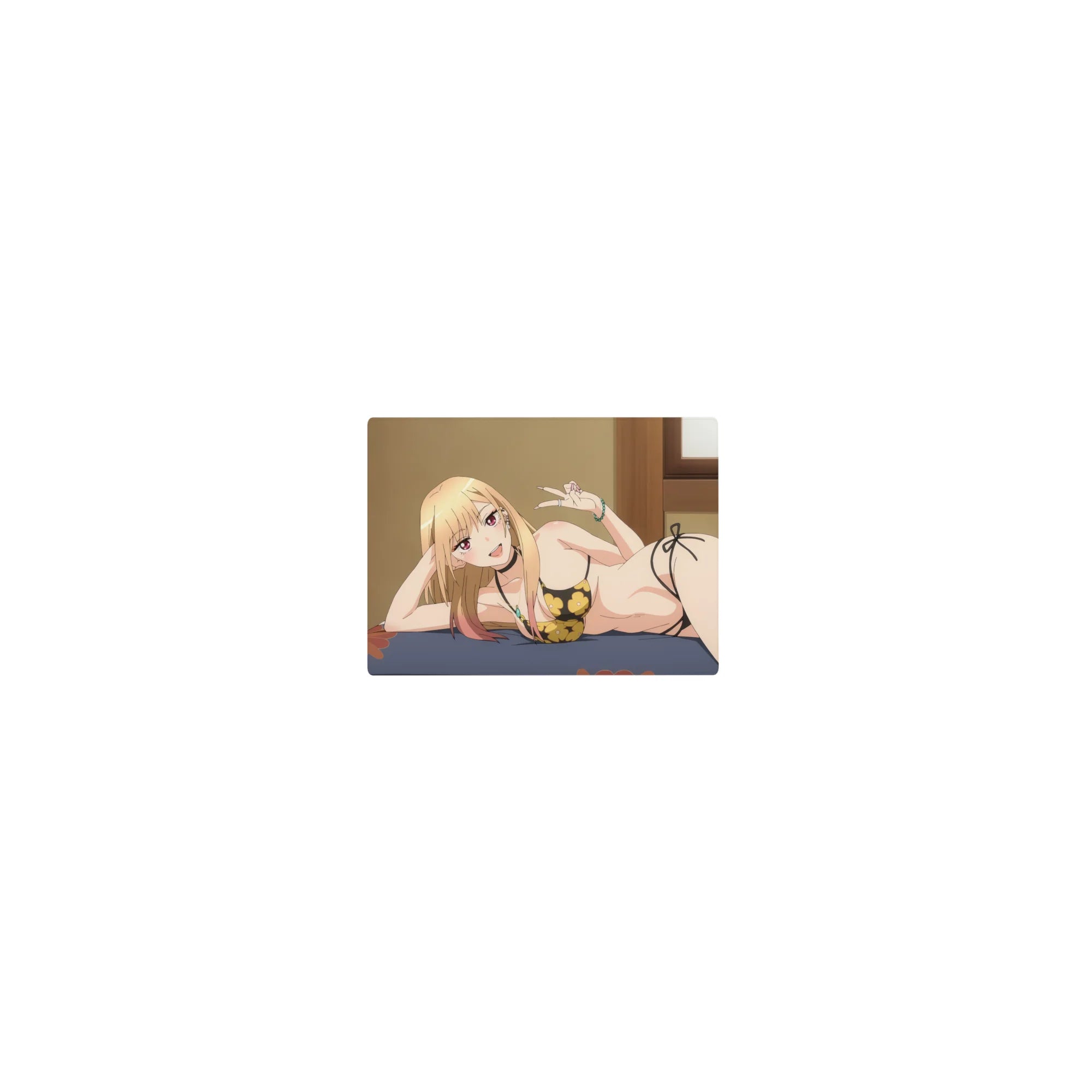 Classic anime girl mouse pad 14x10 inches, blonde in black floral bikini with peace sign, glossy eyes.