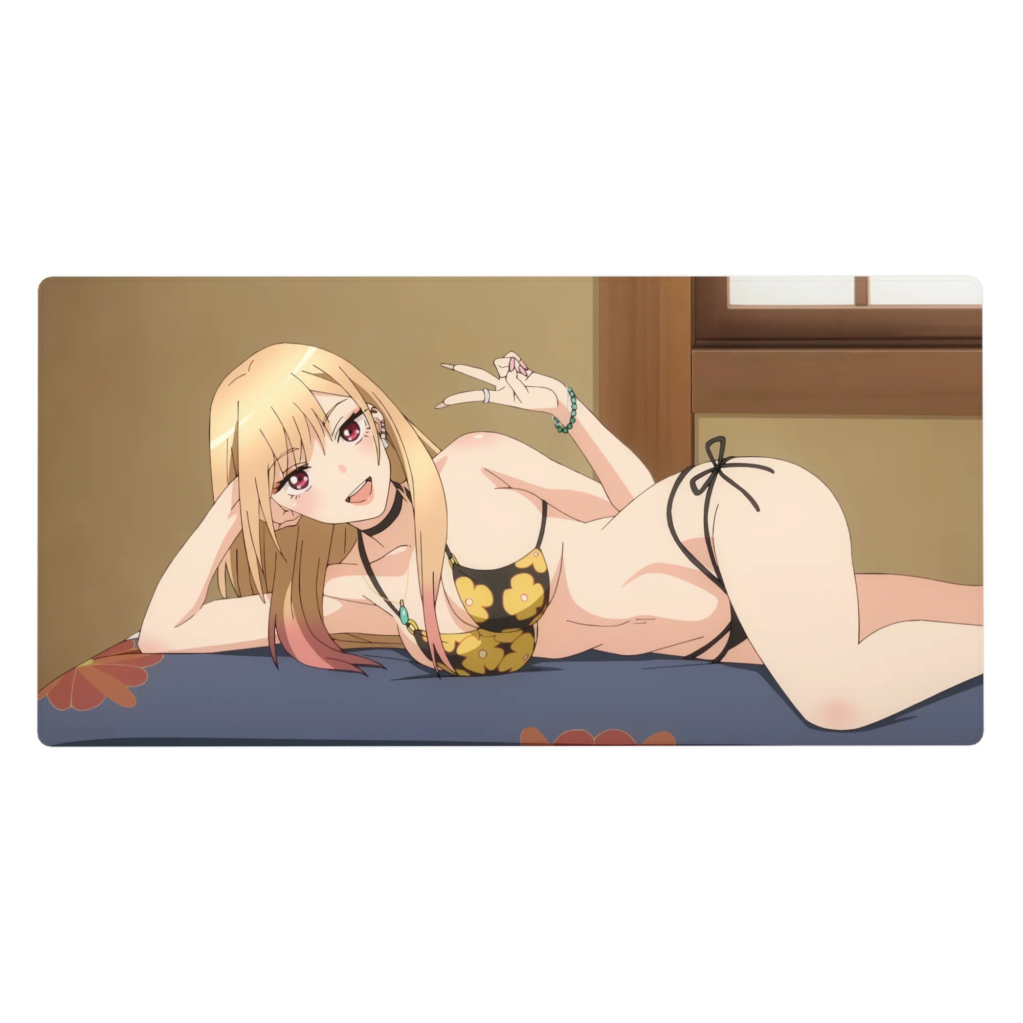 Anime girl desk pad 40x20 inches with blond pin-up pose, peace sign, black floral bikini, choker.
