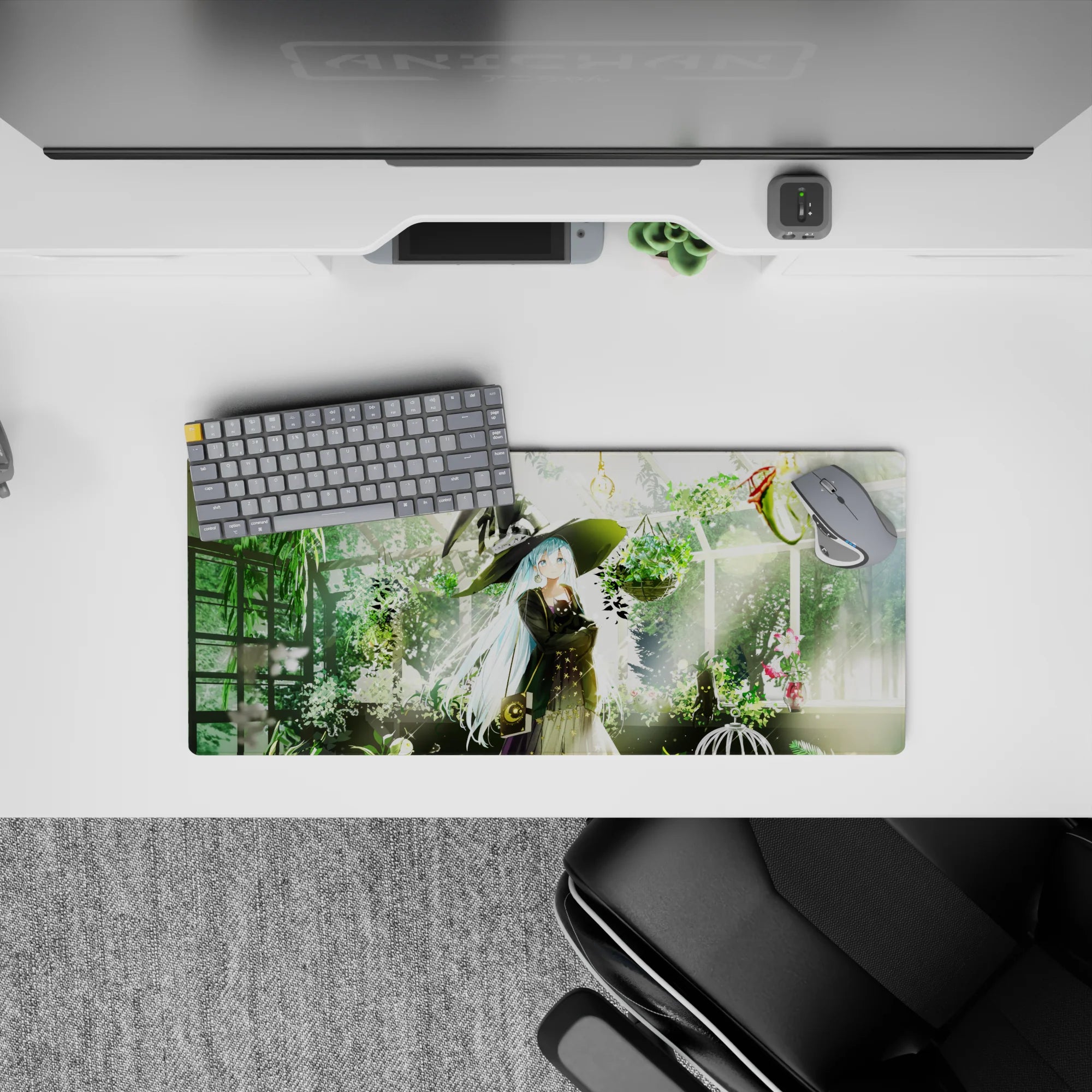 Cozy moss green and gold star anime girl mouse pad 28x12 inches with warm lantern glow.