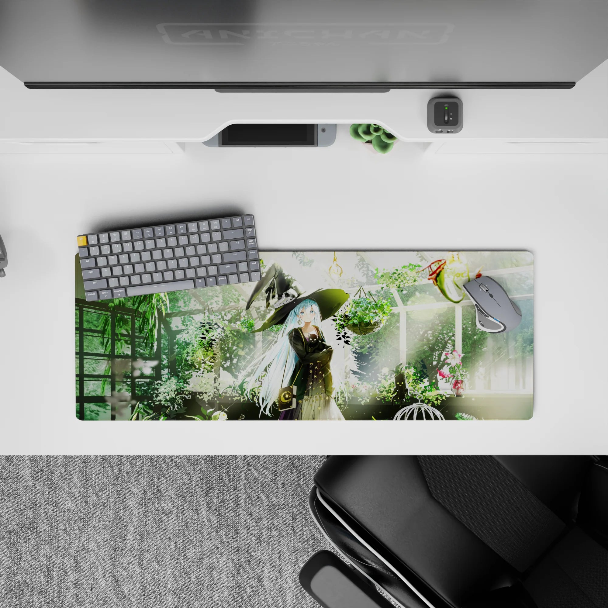 32x12 inches anime girl mouse pad in mossy greens and warm lantern glow, cozy sunlit greenhouse vibe.