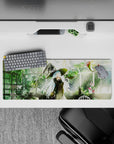 32x12 inches anime girl mouse pad in mossy greens and warm lantern glow, cozy sunlit greenhouse vibe.