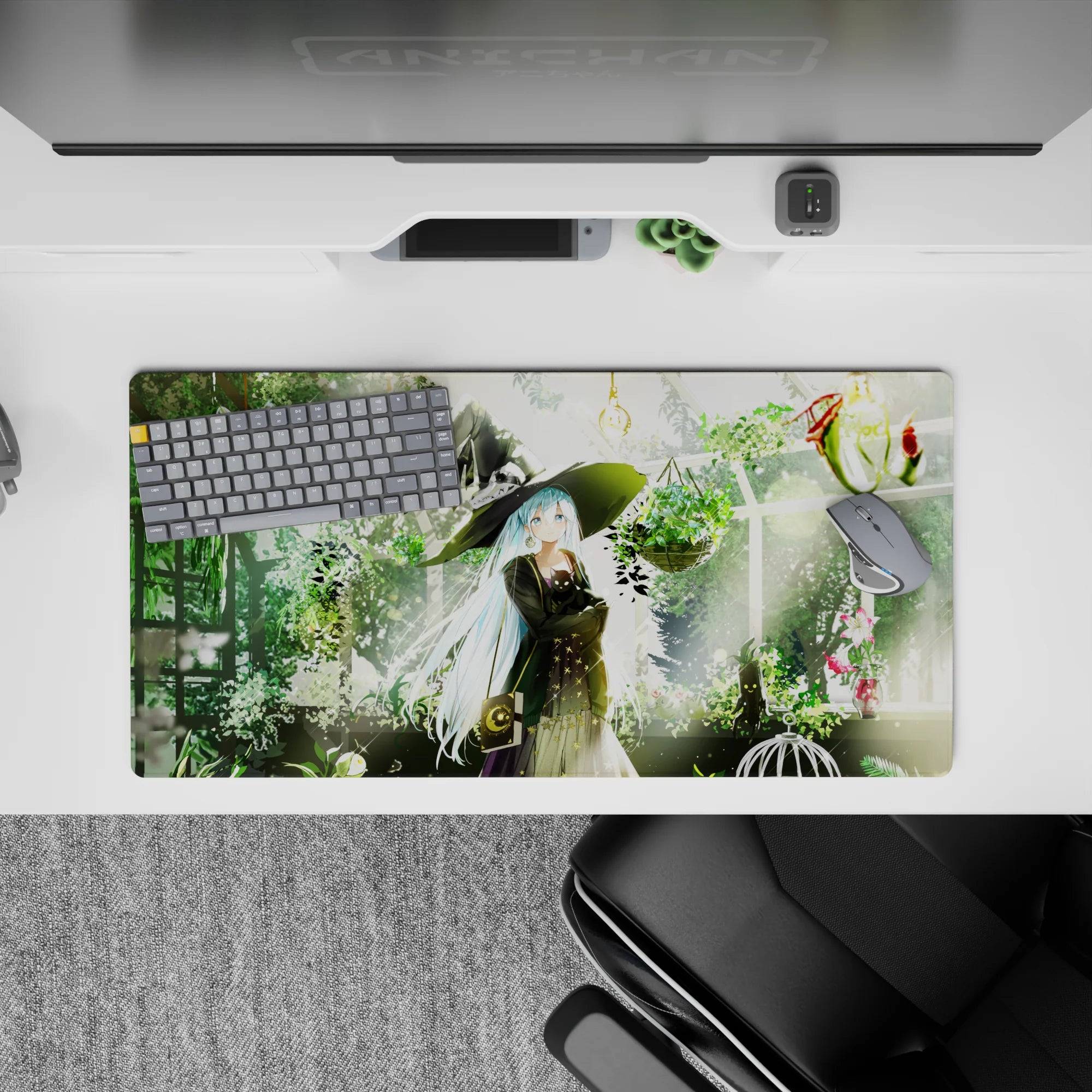 32x16 inches anime girl mouse pad in mossy greens and gold stars, cozy lantern glow, soft sunbeams.