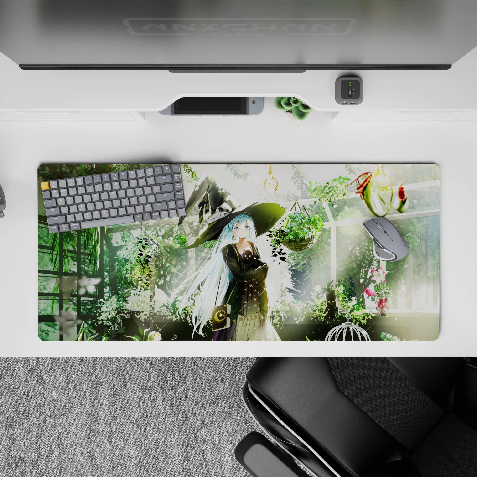 Cozy green and gold desk pad 36x16 inches, sunlit greenhouse anime art with warm lantern glow.