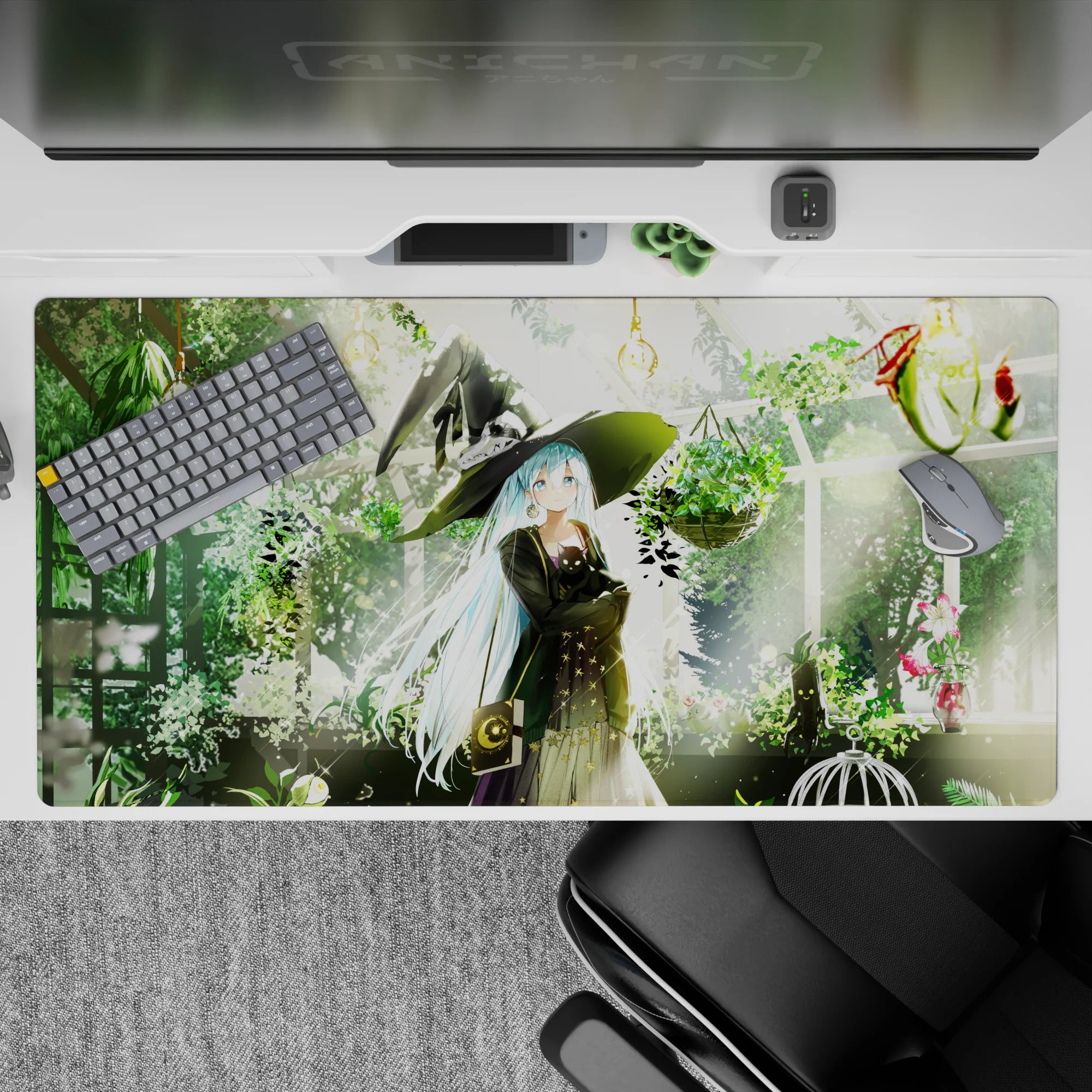 Cozy moss green and warm lantern glow anime desk pad with icy blue accents, 40x20 inches.