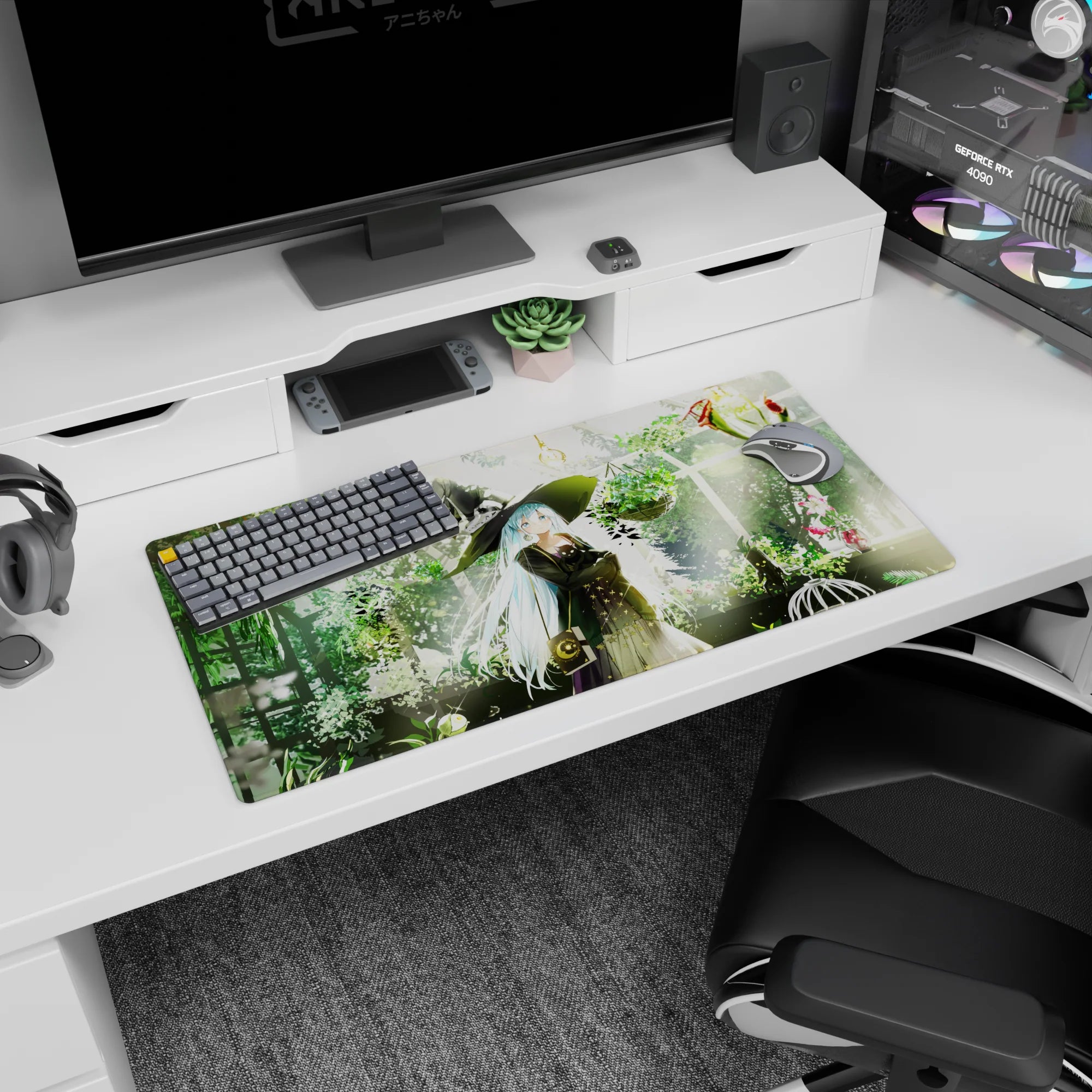 32x16 inches anime girl mouse pad showing icy-haired witch girl holding a tiny black cat in a greenhouse.
