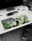 32x16 inches anime girl mouse pad showing icy-haired witch girl holding a tiny black cat in a greenhouse.