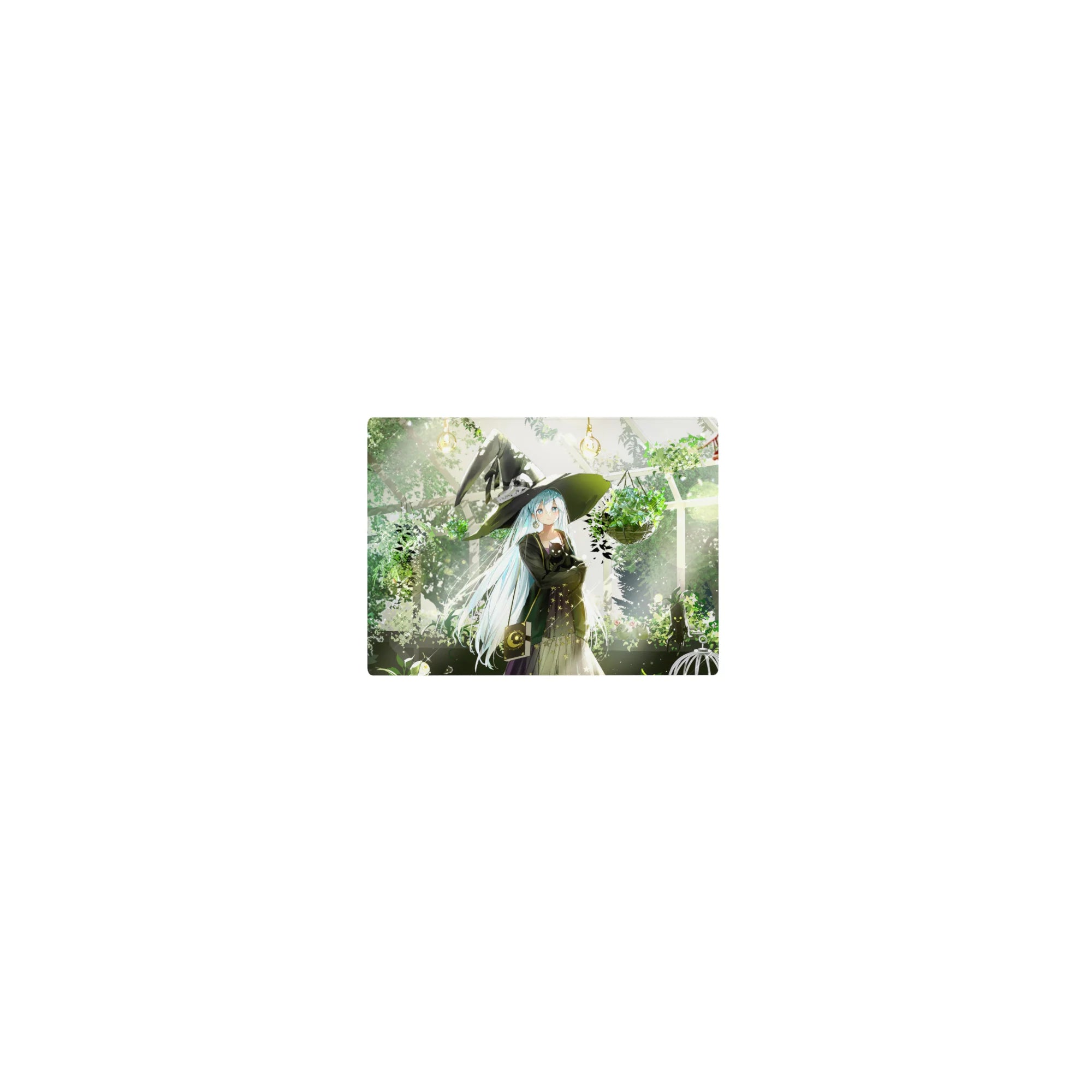 Classic anime girl mouse pad 14x10 inches, witch girl with black cat in a leafy greenhouse scene.