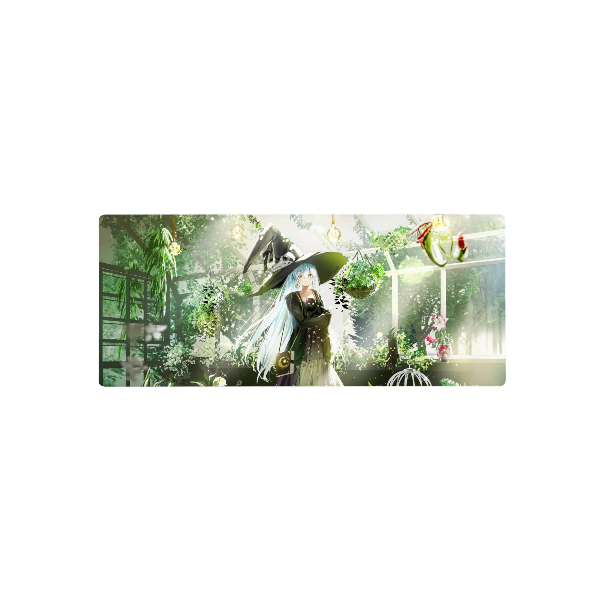 Anime girl mouse pad 28x12 inches with witch in greenhouse, black cat, plants, and spellbook.