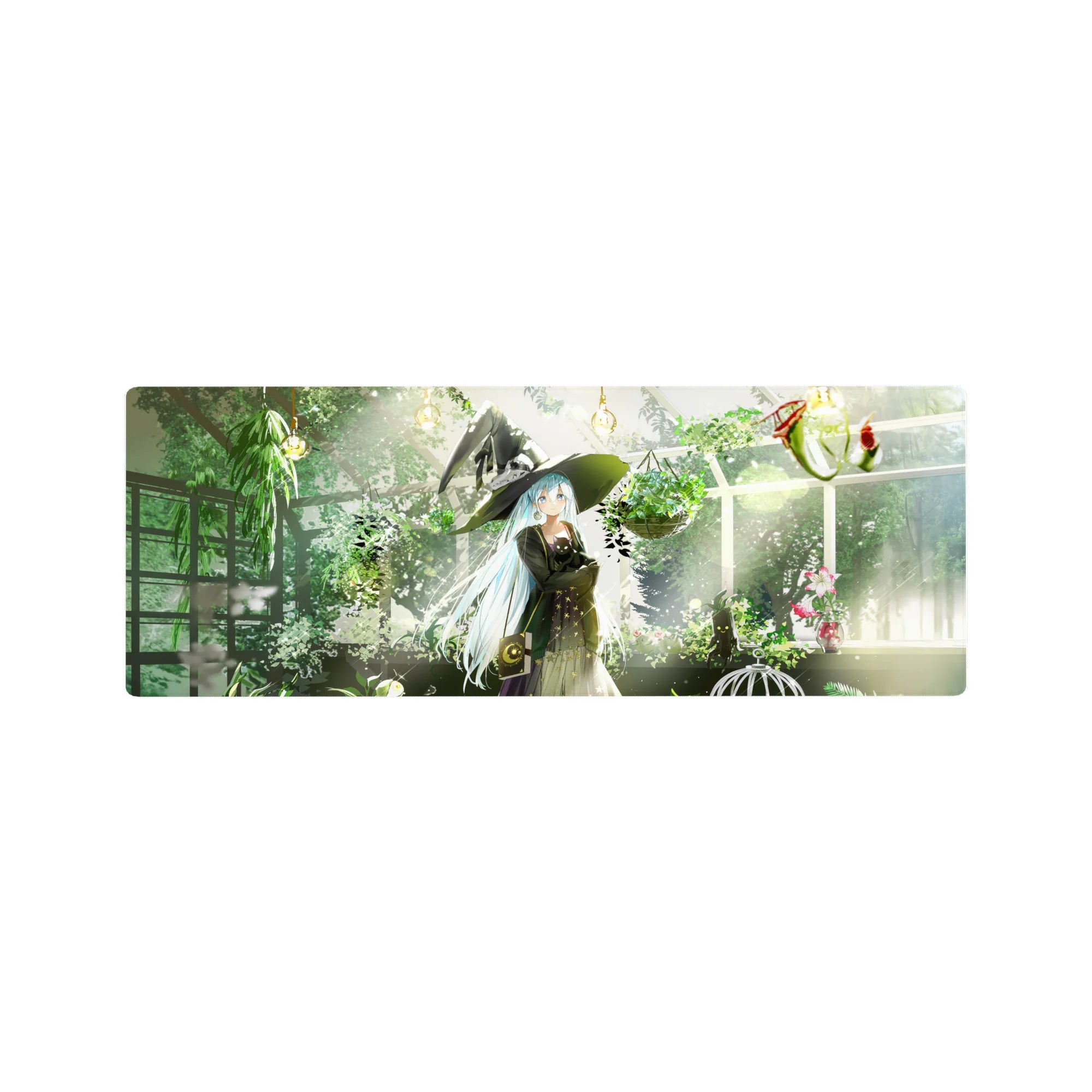 32x12 inches anime girl mouse pad with witch in greenhouse, black cat, star hat, plants and spellbook.