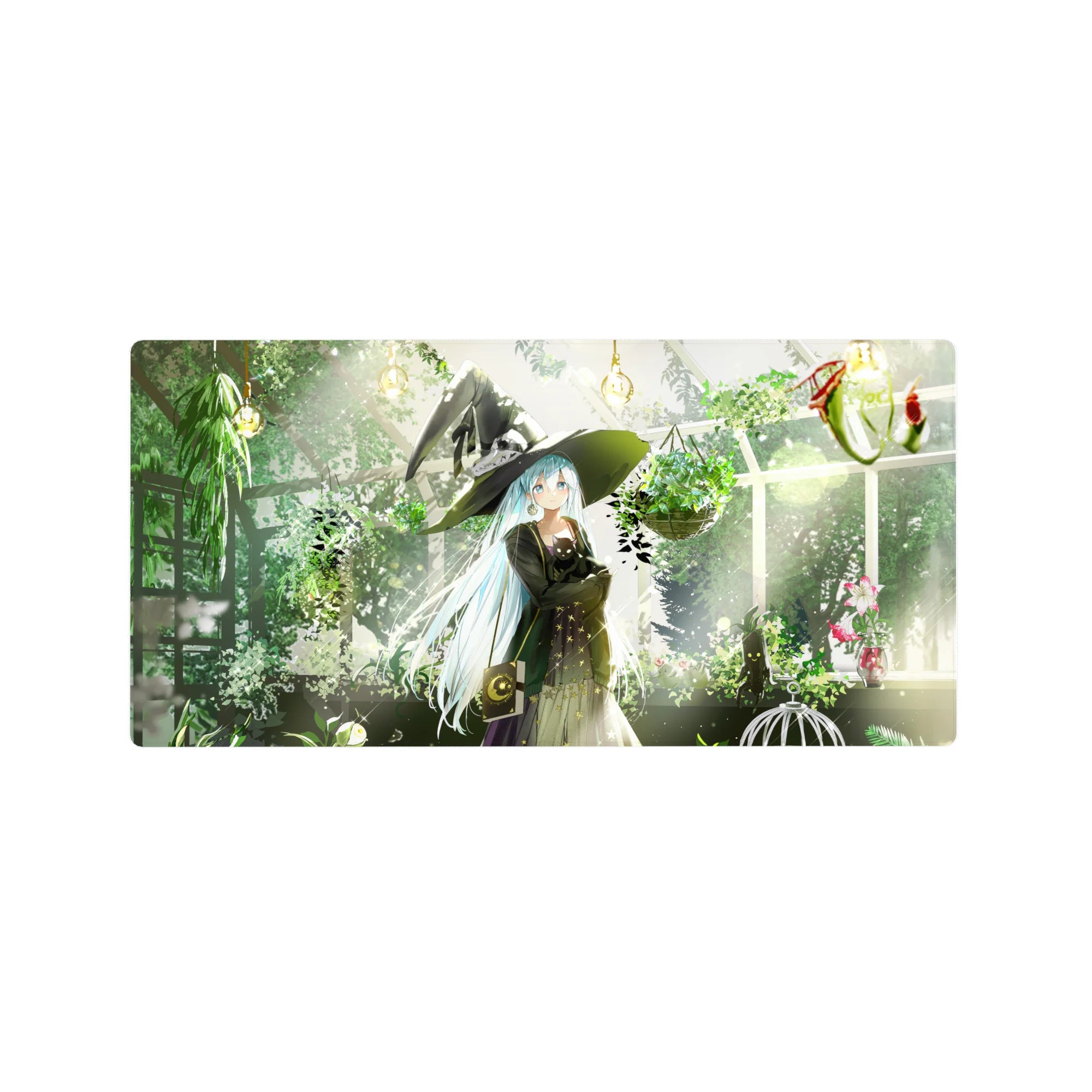 32x16 inches anime girl mouse pad with blue-eyed witch, black cat, greenhouse plants, starry hat.
