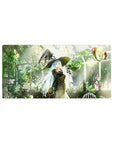 32x16 inches anime girl mouse pad with blue-eyed witch, black cat, greenhouse plants, starry hat.