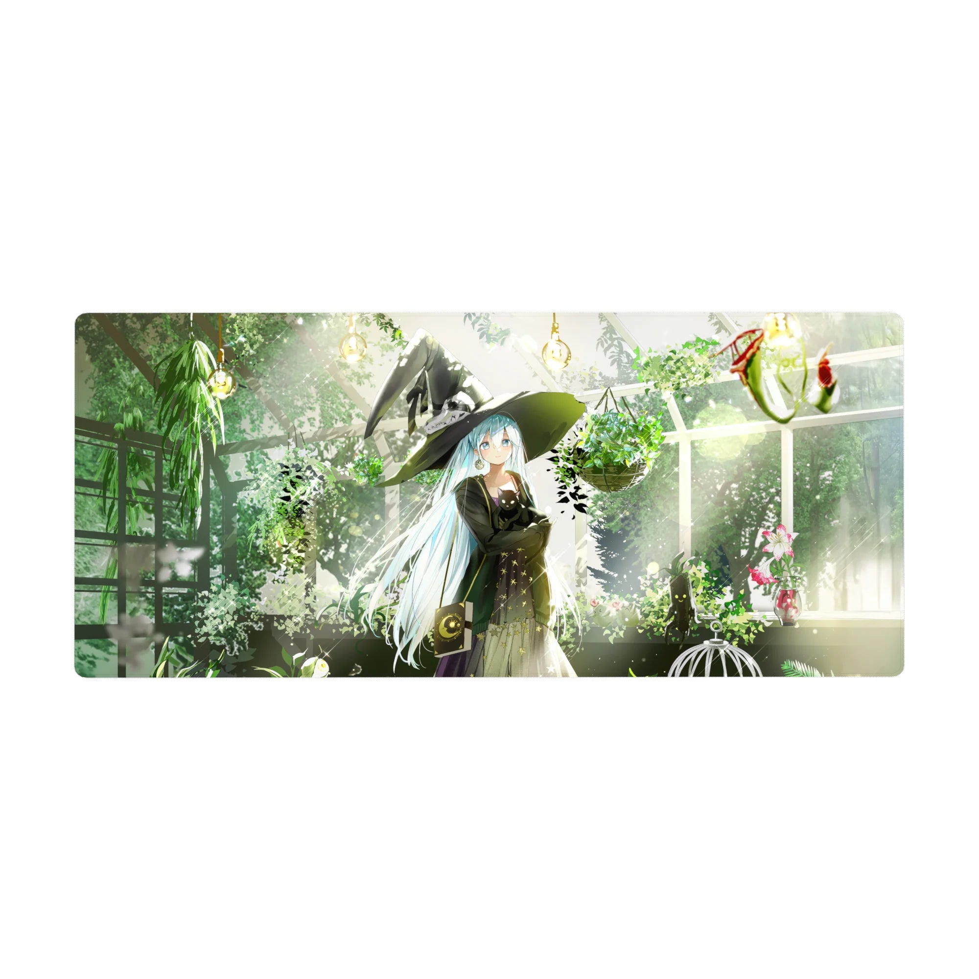 Anime girl desk pad 36x16 inches with witch in greenhouse, black cat, spellbook, and hanging plants.