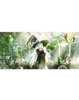 Anime girl desk pad 36x16 inches with witch in greenhouse, black cat, spellbook, and hanging plants.