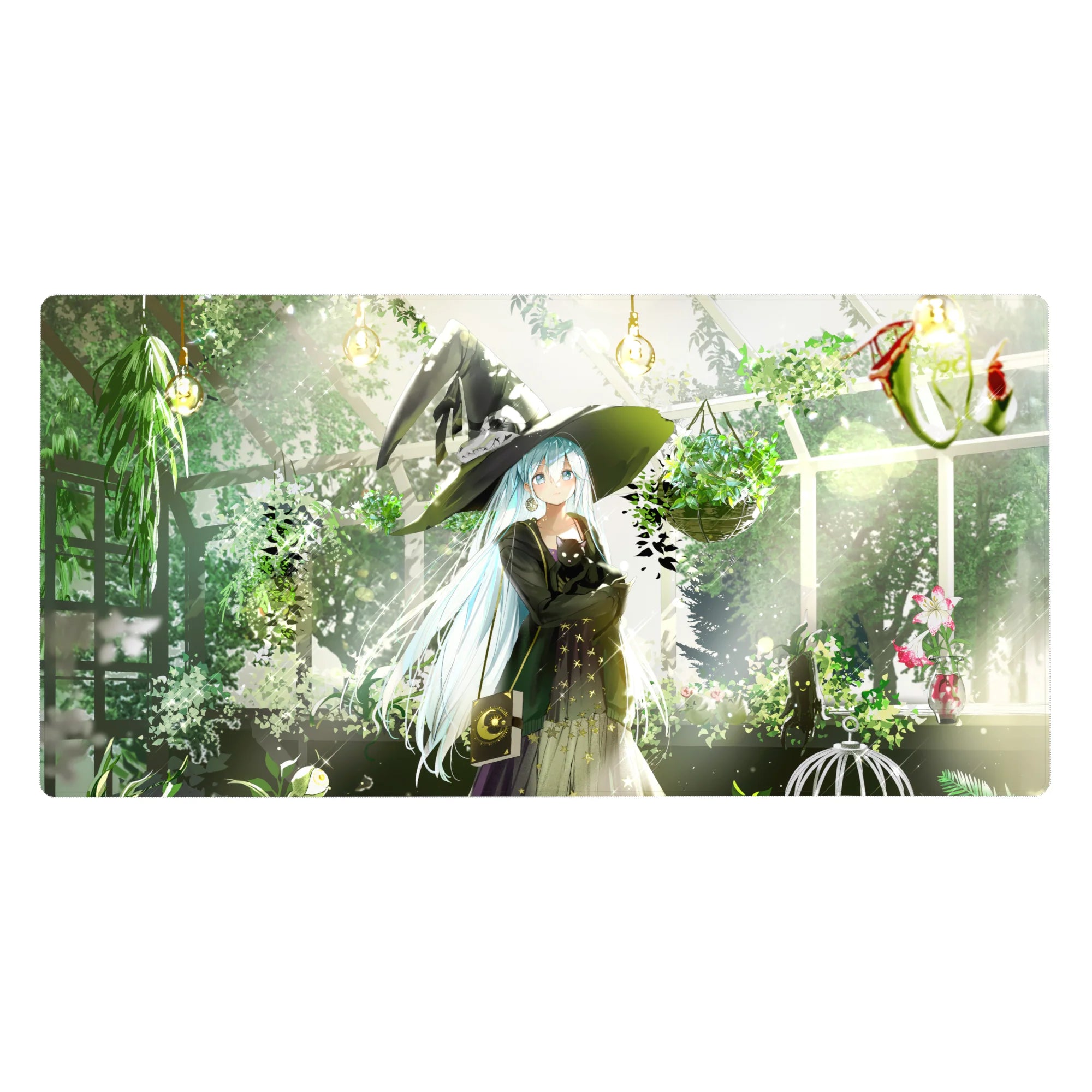 Anime witch girl and black cat greenhouse desk pad, gold stars and spellbook, 40x20 inches.