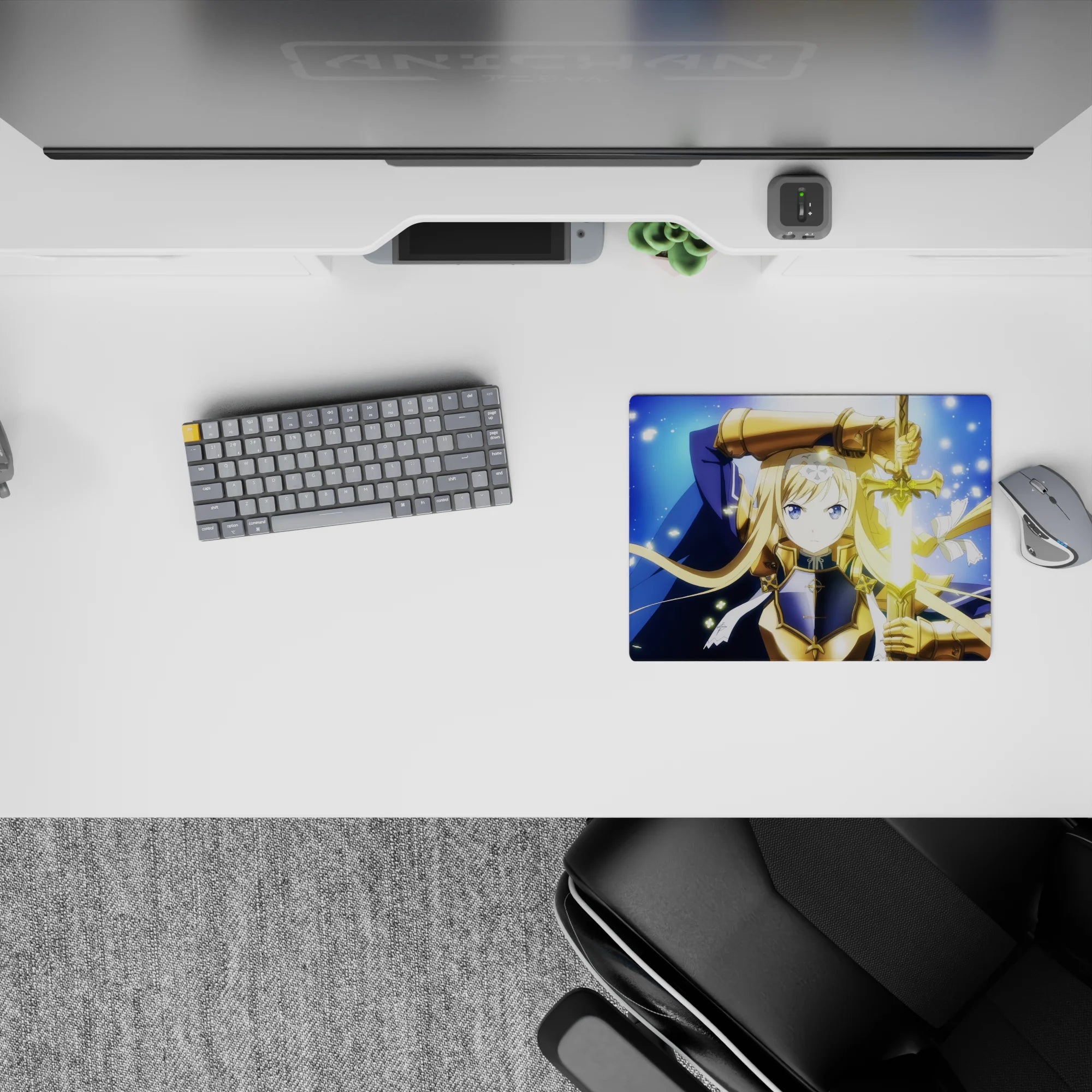 14x10 inches anime mouse pad in midnight blue with gold highlights, icy glow, calm heroic fantasy vibe.