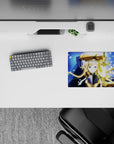 14x10 inches anime mouse pad in midnight blue with gold highlights, icy glow, calm heroic fantasy vibe.