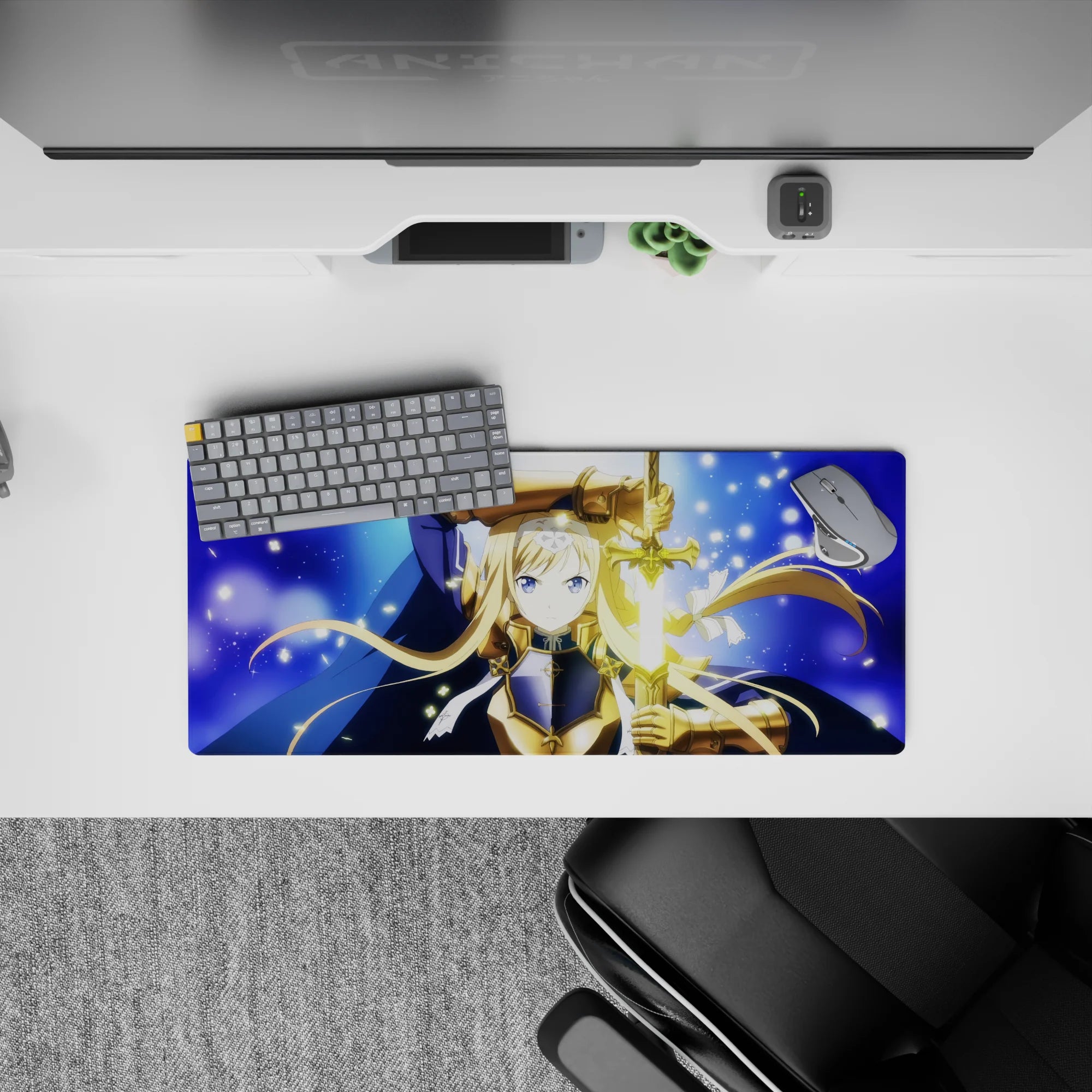 28x12 inches mouse pad in midnight blue with starry flecks, gold accents, and a calm heroic vibe.