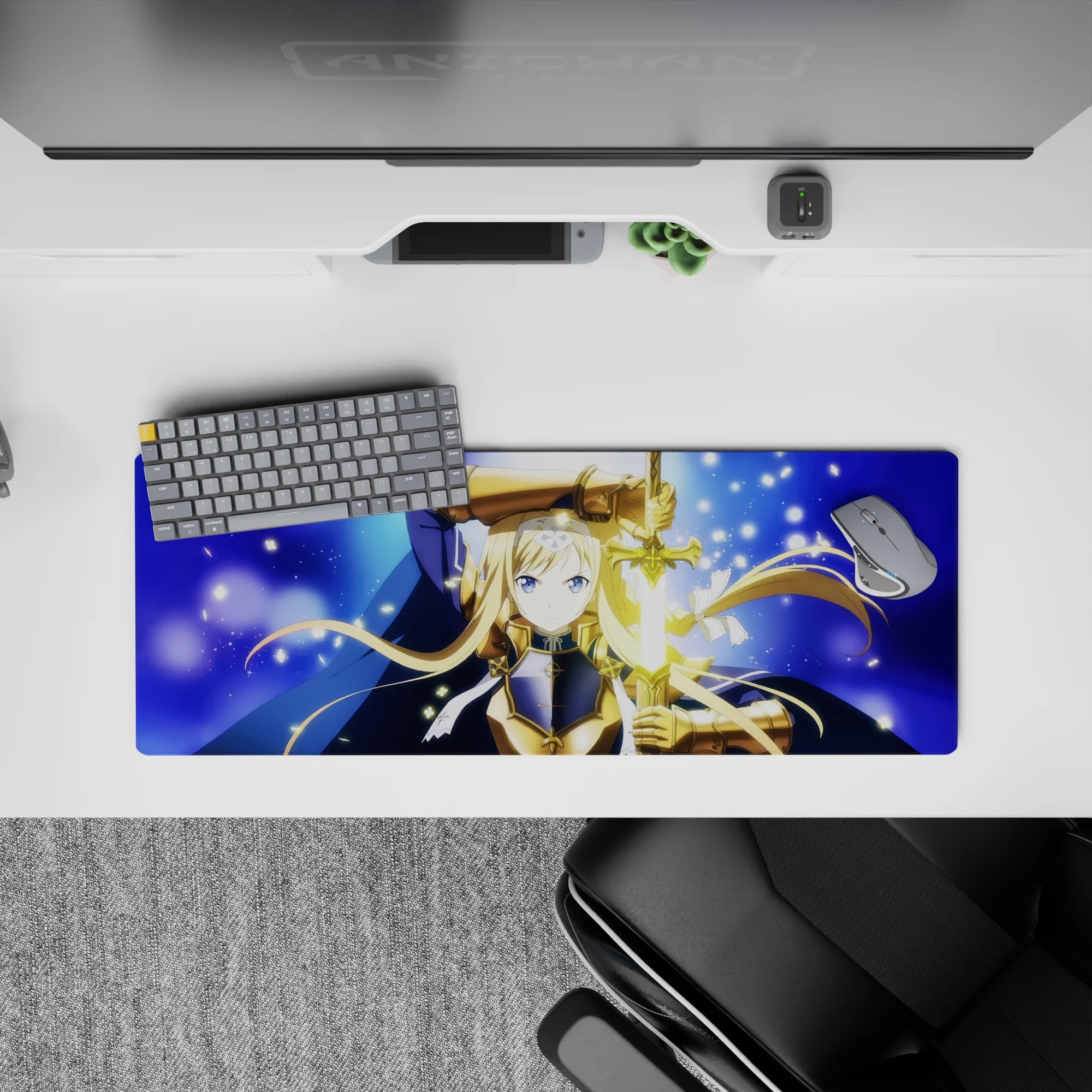 Midnight-blue anime girl mouse pad 32x12 inches with navy cloak, gold shine, and starry glow.