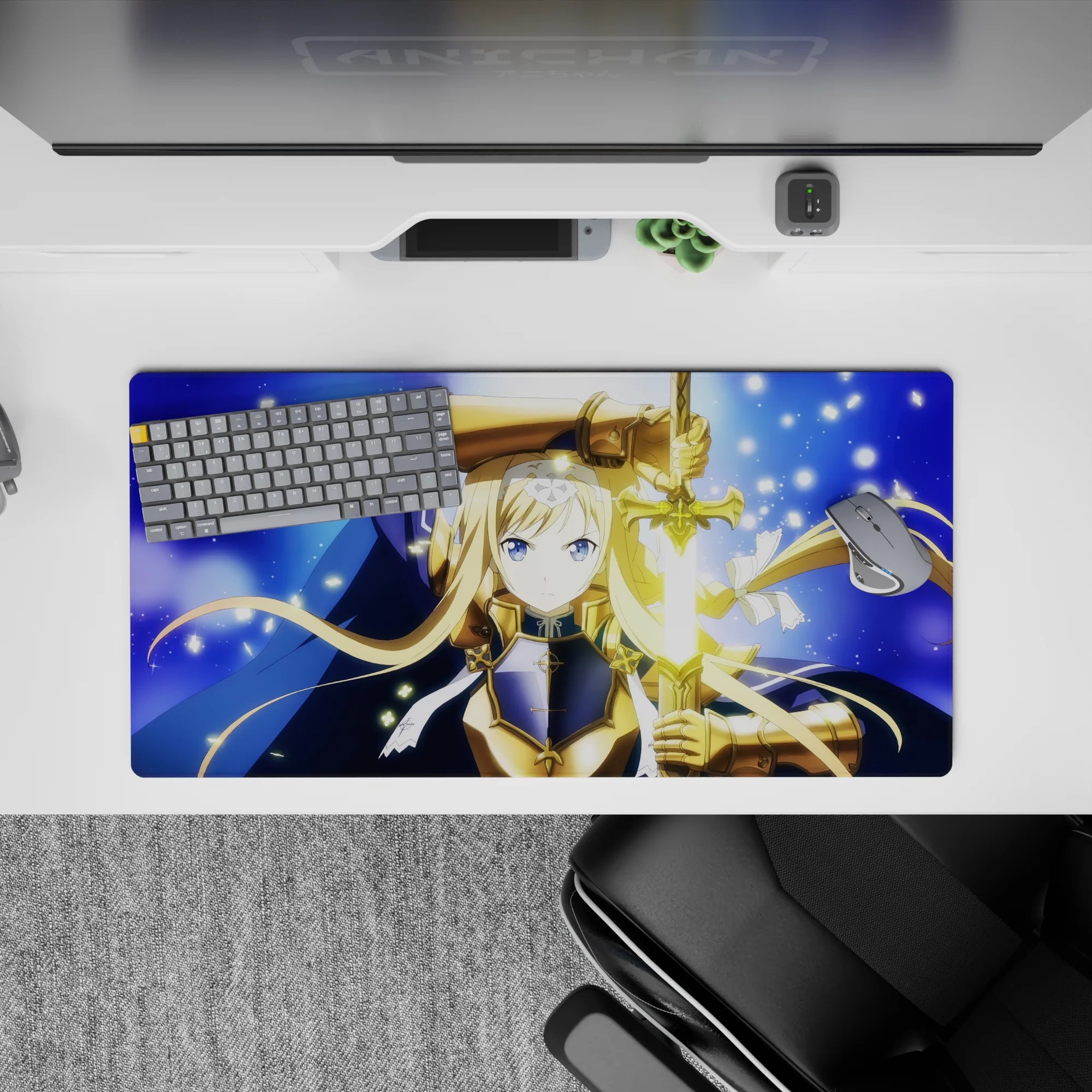 32x16 inches desk mouse pad in midnight blue with star-like flecks, gold shine accents, calm heroic vibe.