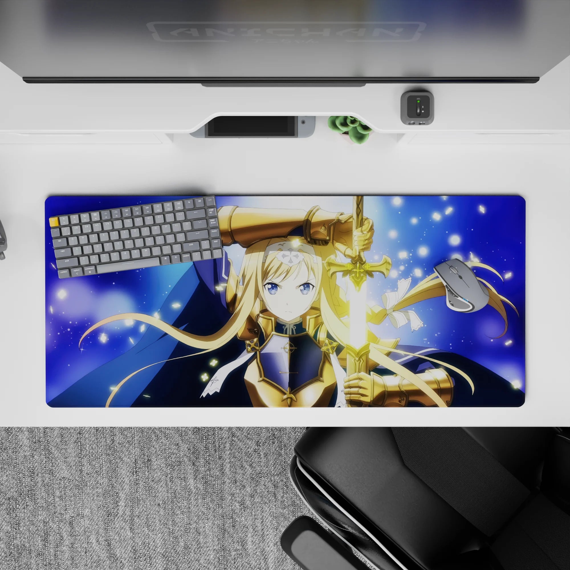 Midnight-blue anime desk pad 36x16 inches with icy-blue glow, gold armor shine, and starry flecks.